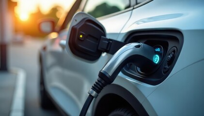 Close-up of an electric car charging station, showcasing the charging cable and energy meter , environmental friendly, plug, renewable energy