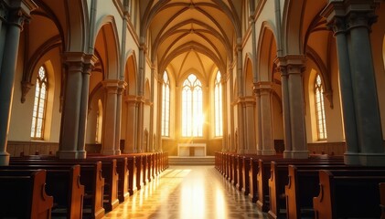 Fototapeta premium A peaceful church interior, bathed in sunlight , religion, hope, sunlight