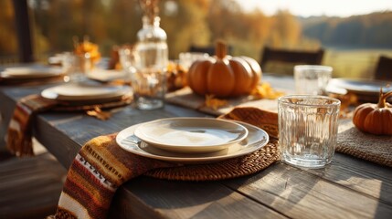 Naklejka premium Autumn Table Setting, Thanksgiving Dinner, Festive Holiday Season