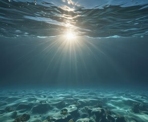 Obraz premium Sunlit, tranquil ocean surface reveals vibrant underwater life through gentle waves , rays, texture, landscape