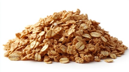 Pile of nutritious breakfast cereal flakes against a white background.