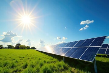 Bright sun shining on solar panels in a field , clean energy, field, renewable energy