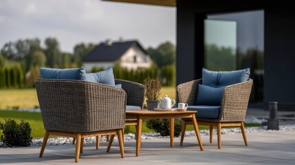 Fototapeta premium Modern Patio Furniture Set with Coffee Table. Luxury Outdoor Living and Backyard Design