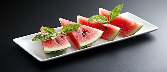 White rectangular plate with four slices of watermelon arranged in a diagonal line. the watermelon slices are bright red in color and have black seeds scattered throughout.