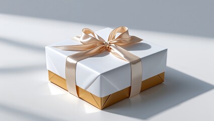 A beautifully wrapped gift box with a white exterior, gold ribbon, and bow, illuminated by soft sunlight, perfect for holiday celebrations, birthdays, or special occasions
