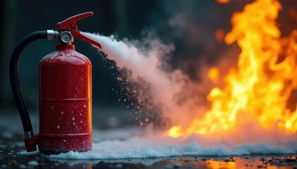 Obraz premium Close-up of a fire extinguisher spraying foam onto flames , protect, suppression