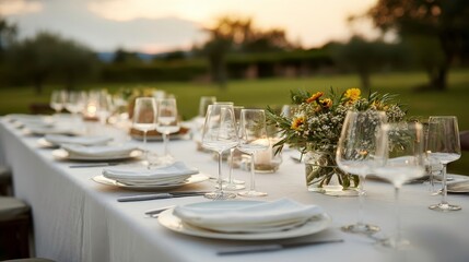 Elegant Outdoor Dining Table at Sunset. Party, Celebration, Event
