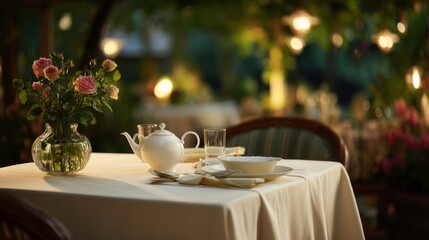 Elegant Outdoor Dining: Table Setting with Flowers, Teapot, and Ambient Lighting
