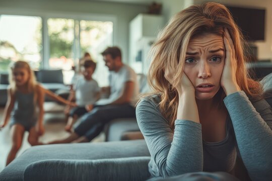 Exhausted Mother Surrounded by Hyperactive Children at Home