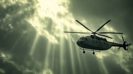 Silhouette of a Helicopter in Flight Amidst Atmospheric Light Rays and Clouds