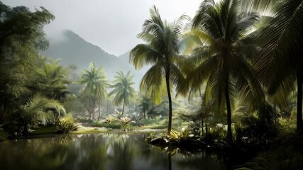 Lush tropical scenery with palm trees reflected in calm water, misty mountains backdrop, peaceful, tranquil nature landscape - Powered by Adobe