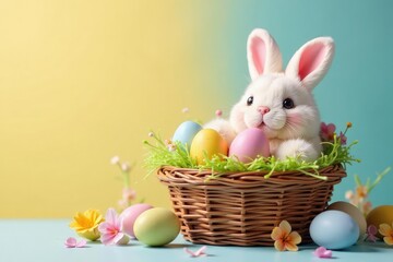 A charming Easter basket overflowing with colorful eggs, pastel treats, and fluffy bunny decorations , flowers, spring decor, pastel colors