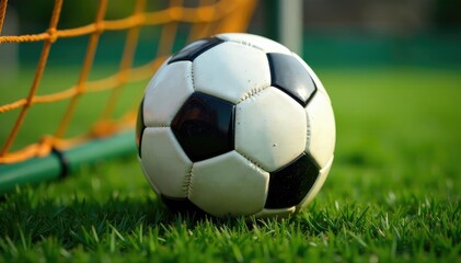 Fototapeta premium Close-up of a soccer ball in a net, showing the texture of the net and ball , high quality, detail shot