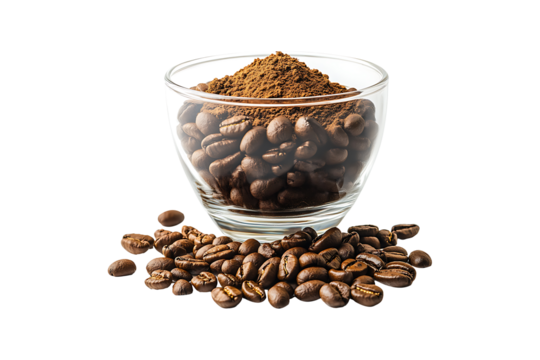 Glass containing roasted coffee beans and coffee pow isolated on transparent background
