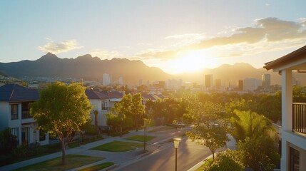 Fototapeta premium Suburban neighborhood at golden hour with mountain backdrop and urban skyline