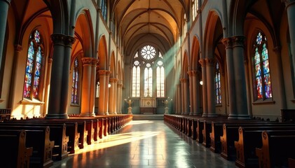 Fototapeta premium A majestic church interior, sunlight streaming through stained glass windows , worship, religious building, church