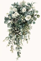 A teardrop-shaped bouquet of white flowers and green foliage on a white background.