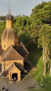 Curitiba, Brazil. Aerial view of Tingui Park with Ukrainian Memorial at brazilian city of Curitiba, state of Parana, Brazil. Vertical video.