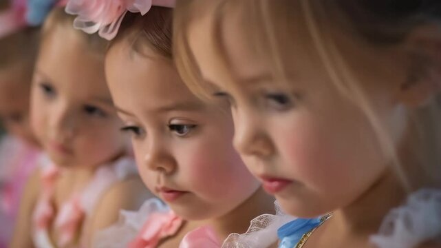 Four young girls with light hair, wearing matching dresses and flower headbands, stand side by side in a row.