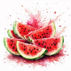 watercolor illustration group slices watermelon slices arranged scattered manner overlapping watermelon slices bright red color black seeds scattered throughout background white splashes pink red