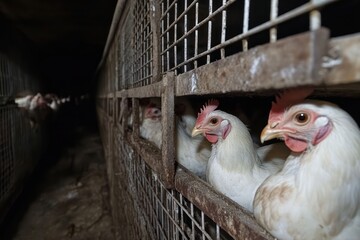 Many white chickens in industrial farming stable