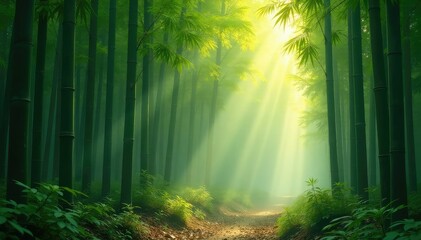 Naklejka premium Serene bamboo forest bathed in morning sunlight, mist clinging to the leaves , foliage, sunlight