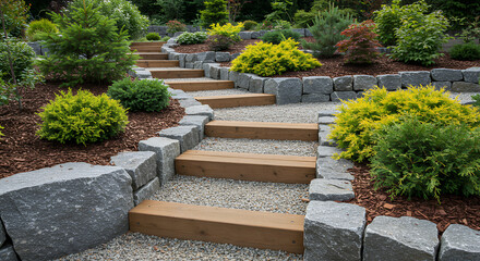 Stone Steps & Garden Oasis: Landscape Design with Wood Steps, Gravel & Lush Greenery | Outdoor Beauty & Serene Escape