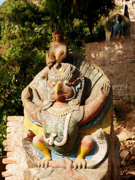 Sculpture carving stone figure garuda or galon or nan belu guardian at ancient antique of Swayambhunath pagoda or Monkey Temple for nepali people and foreign travelers travel visit in Kathmandu, Nepal