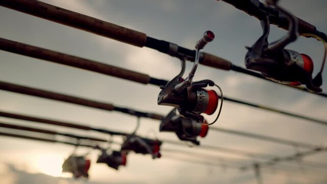 A row of fishing rods with red and black handles. The rods are hanging from a rack. The rods are all different sizes