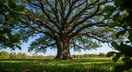 Obraz premium Magnificent tree reaching towards blue sky surrounded by lush green environment