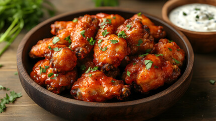 Fototapeta premium Delicious Spicy Chicken Wings Served in Wooden Bowl with Sauce