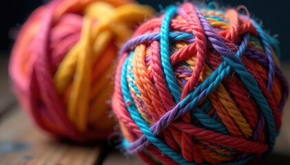 Colorful yarn ball with visible stitches, close-up view , close-up, fiber, pattern