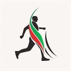 Fototapeta premium A stylized logo of a person in motion, depicted in a side profile with a flowing ribbon transitioning from green to red, symbolizing movement and energy.