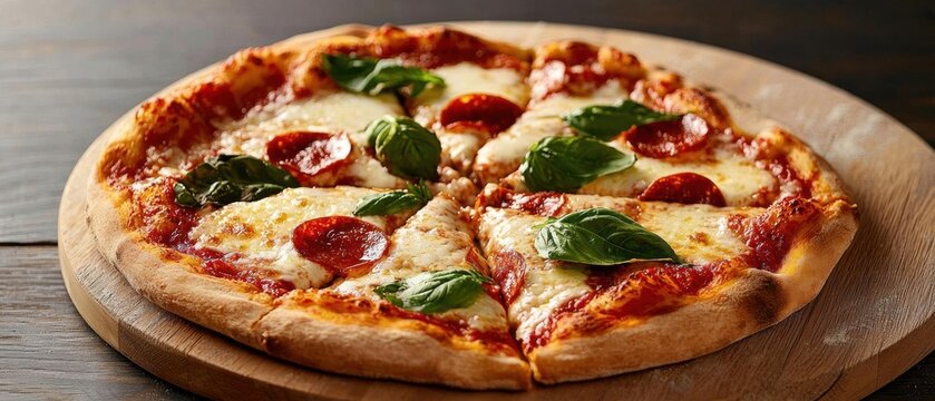 The image is of a pepperoni pizza on a wooden cutting board. the pizza is round and has a golden brown crust. it is topped with melted cheese and fresh basil leaves.