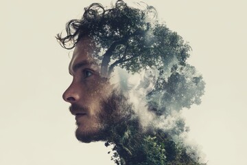 A composite portrait of a man with a nature-inspired head.
