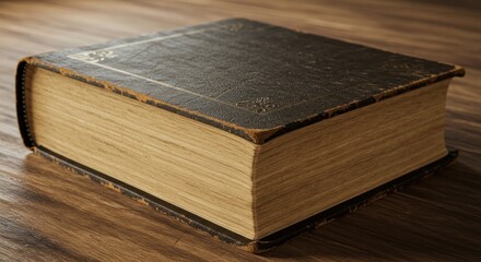 Old book with aged cover and yellow pages on wooden surface