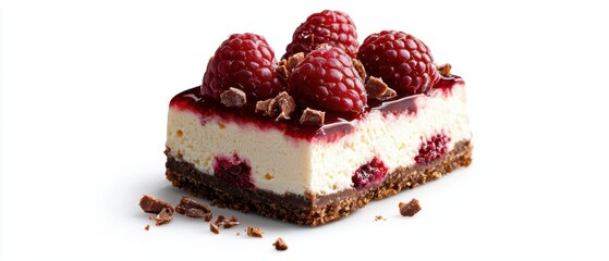 The image is of a slice of cheesecake with fresh raspberries on top. the cheesecake has a creamy white base with a layer of dark chocolate on the bottom.