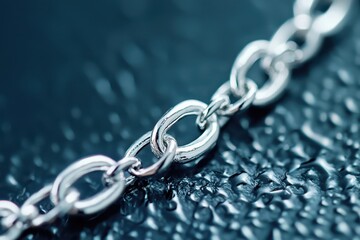 Obraz premium Close-up of a shiny silver chain lying on a textured, wet surface with a blurred background.