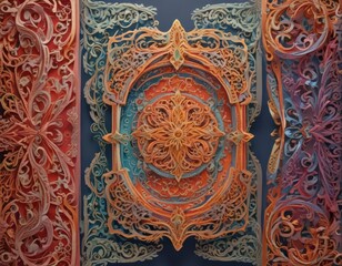 Colorful paper cards, ornate cutouts, festive patterns, background, stationery supplies