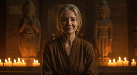 Naklejka premium Portrait of a mature woman with lit candles and statues in a warmly lit interior