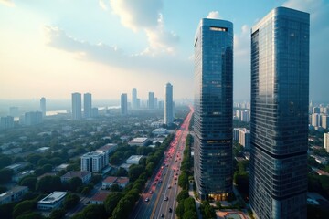 Obraz premium Modern office blocks viewed from a high angle, showcasing sleek architecture and city skyline , office buildings, construction