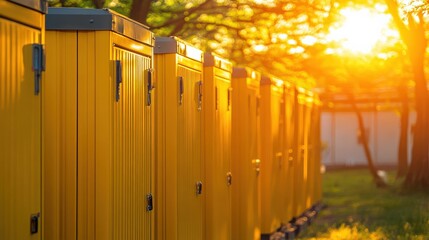 Obraz premium Row of yellow storage units bathed in golden sunset light