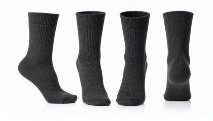 Four views of classic black cotton socks for men or women on a white background with shadows offering comfort and style for everyday wear