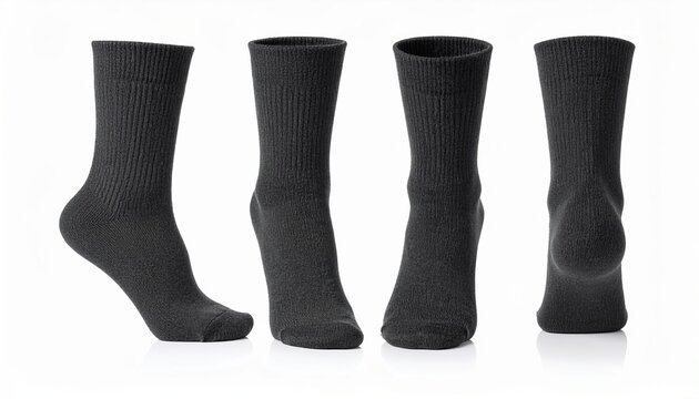 Four views of classic black cotton socks for men or women on a white background with shadows offering comfort and style for everyday wear