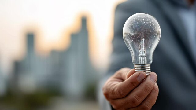 Businessman showing a light bulb that goes out against a big city skyline represents blackout and lack of energy