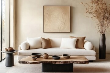 Boho nomadic living room with live edge table, beige sofa, and textured stucco wall featuring sandstone accent decor
