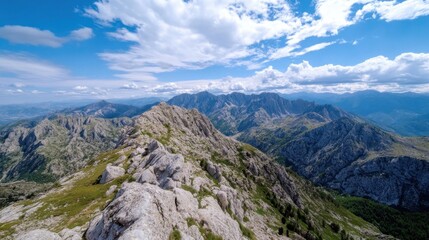 A breathtaking panoramic view of a rugged mountain range under a vibrant blue sky, showcasing a dramatic rocky peak and lush green valleys. : Generative AI