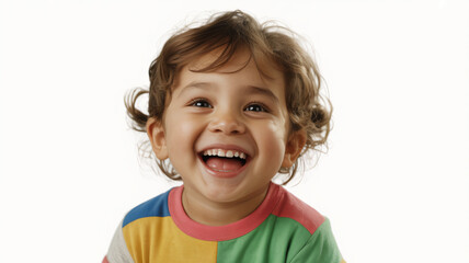 Portrait of a Happy Toddler with Curly Brown Hair Laughing Joyfully Against a White Background