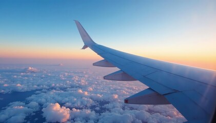 Obraz premium Close-up view of an airplane wing in flight, showcasing aerodynamic design and texture , technology, journey