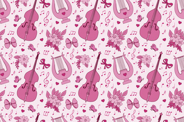 Girly pink cute seamless pattern with floral elements and classical musical instruments.